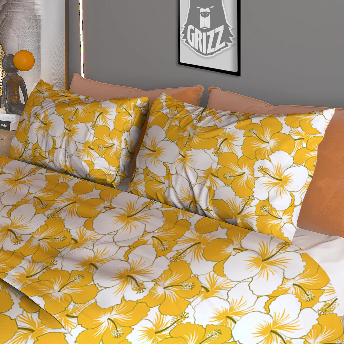 Hibiscus Flower And Camo Yellow Print Pattern Duvet Cover Bedding Set - Image 3