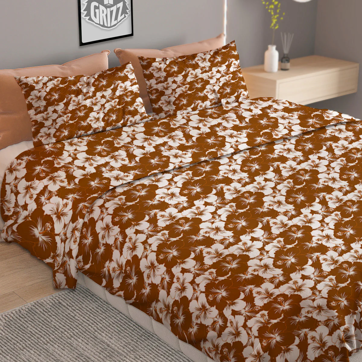 Hibiscus Flower Brown Camo Print Duvet Cover Bedding Set - Image 2