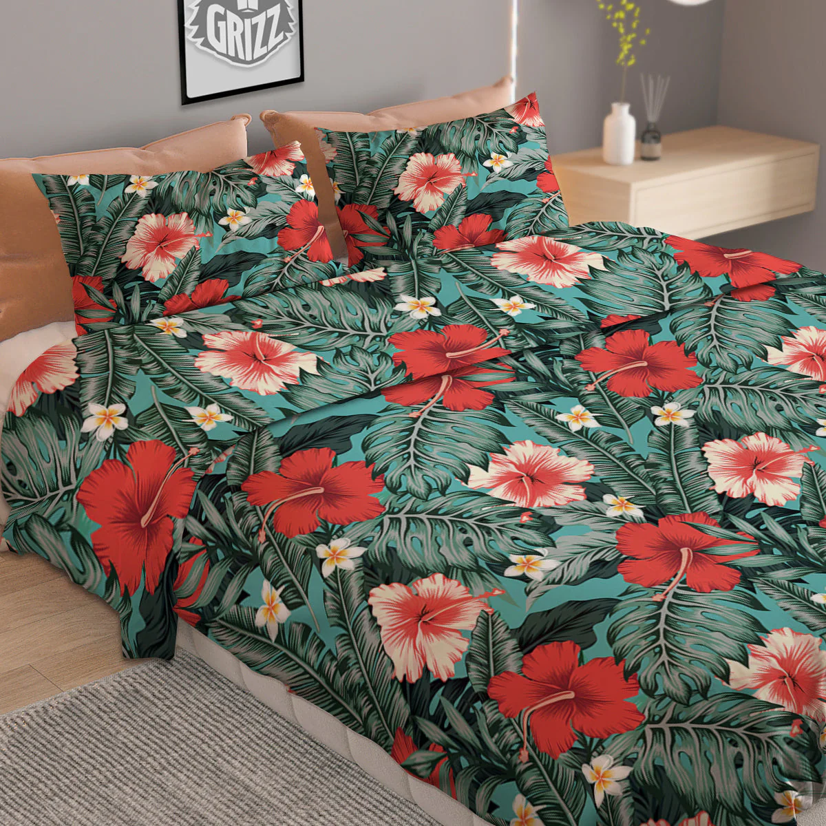 Hibiscus Flowers Tropical Print Pattern Duvet Cover Bedding Set - Image 2