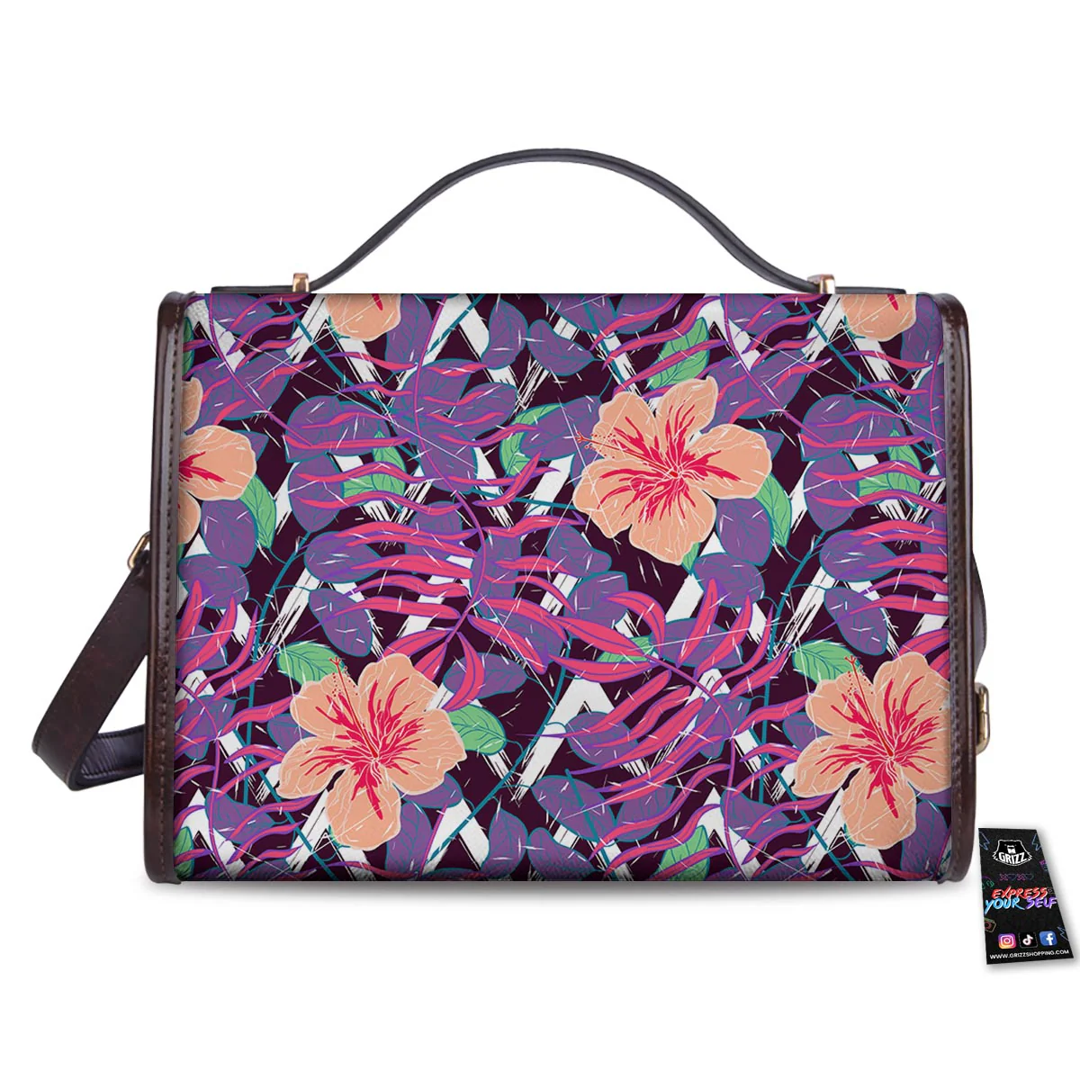 Hibiscus Purple Tropical Print Pattern Women's Satchel Bag - Image 2