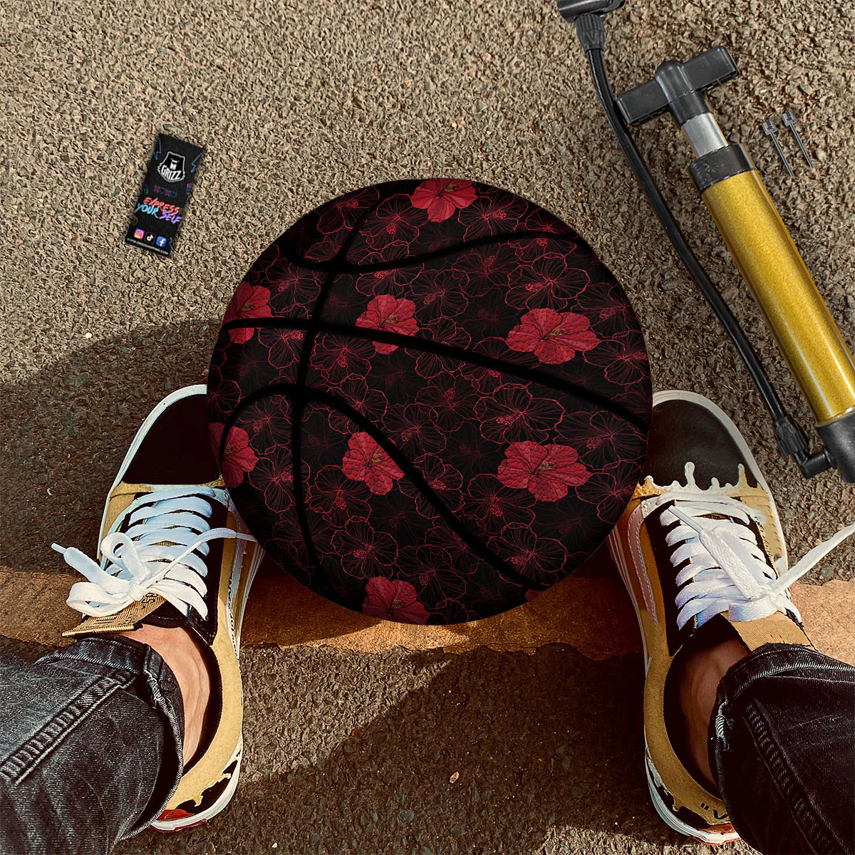 Hibiscus Red And Black Print Pattern Basketball - Image 2