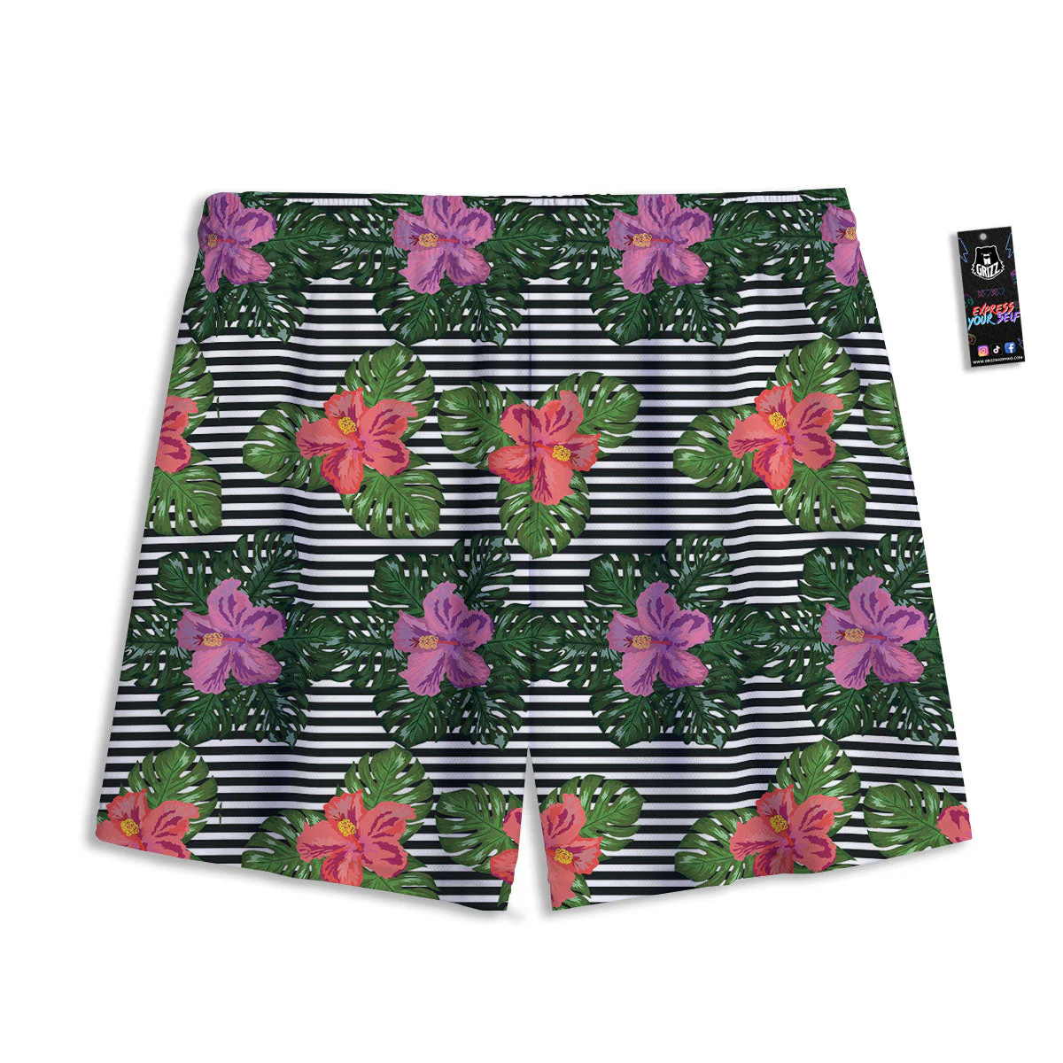 Hibiscus Striped Pink Print Pattern Mesh Shorts - Image 2