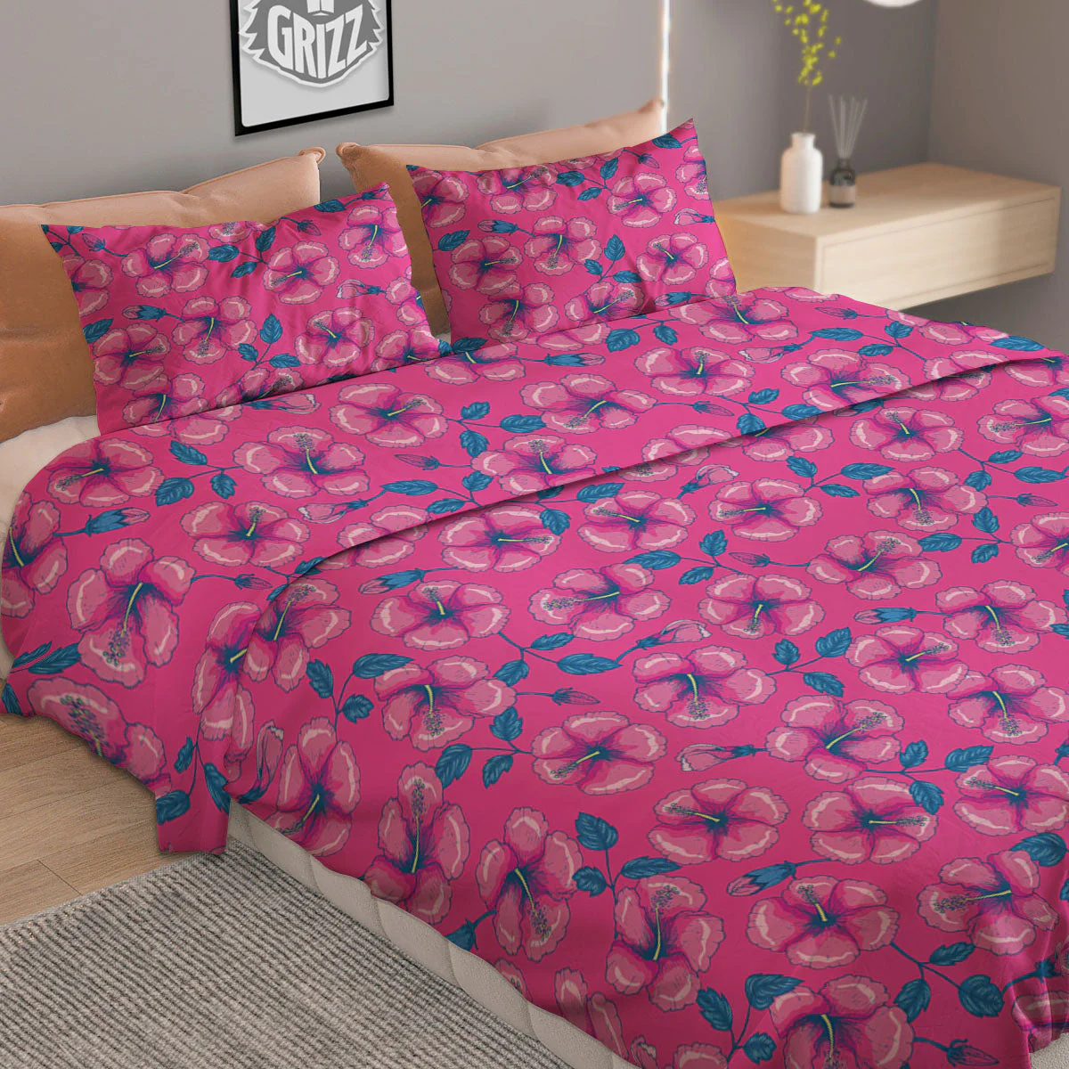 Hibiscus Tropical Hot Pink Print Pattern Duvet Cover Bedding Set - Image 2
