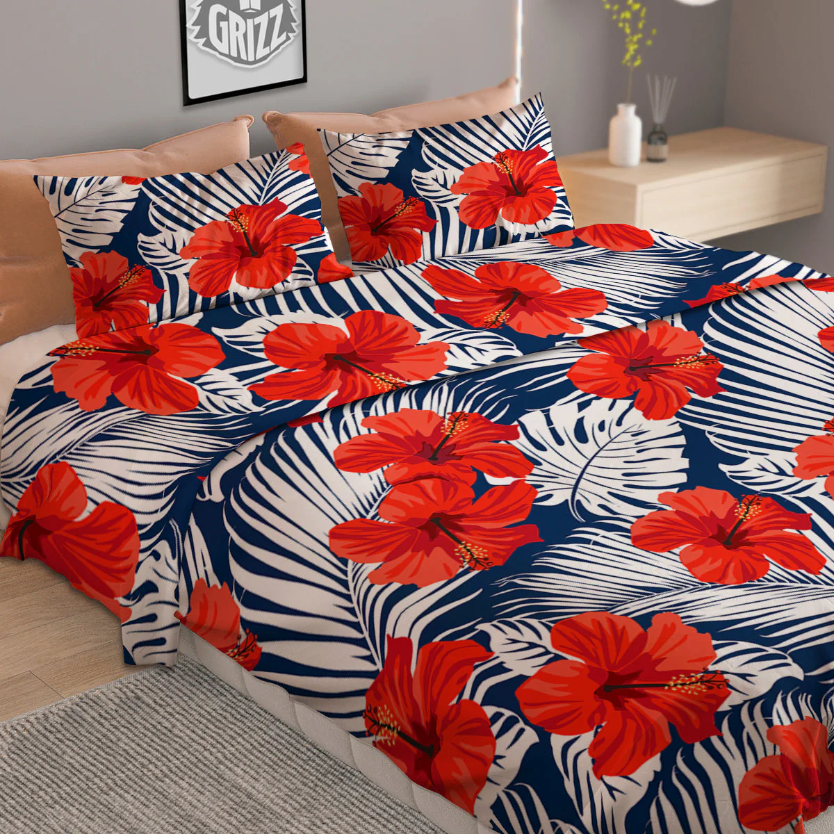 Hibiscus White Leaves Print Pattern Duvet Cover Bedding Set - Image 2