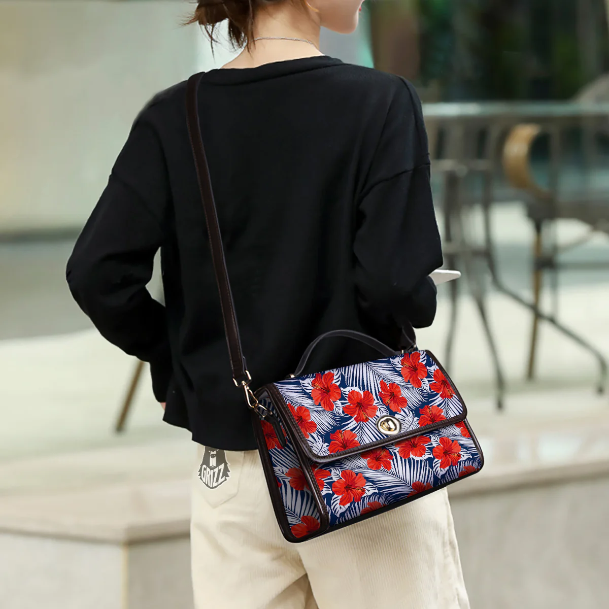 Hibiscus White Leaves Print Pattern Women's Satchel Bag - Image 3