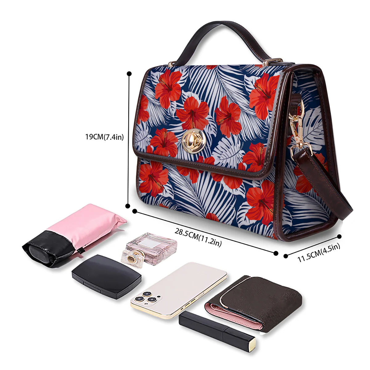 Hibiscus White Leaves Print Pattern Women's Satchel Bag - Image 4
