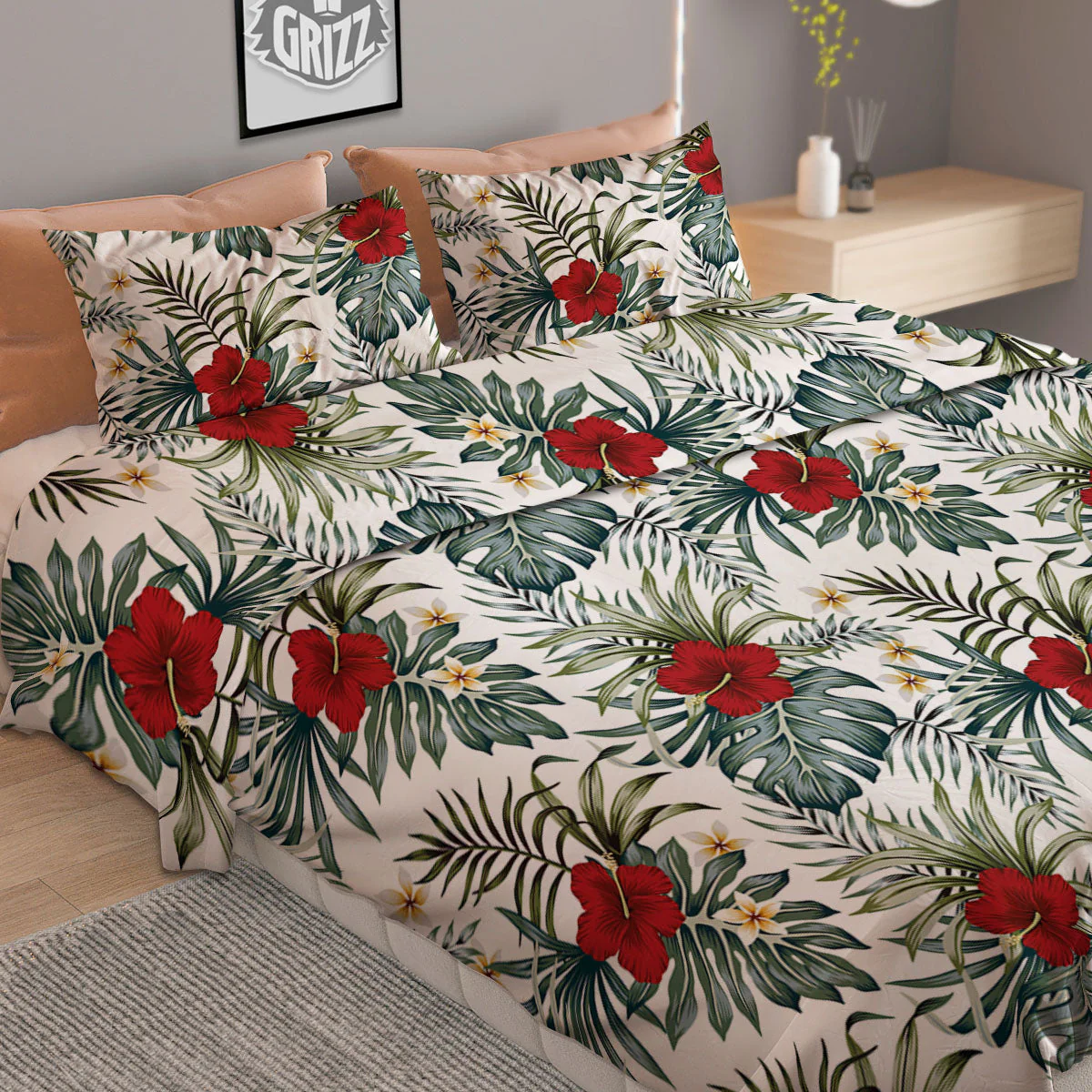 Hibiscus White Tropical Print Pattern Duvet Cover Bedding Set - Image 2