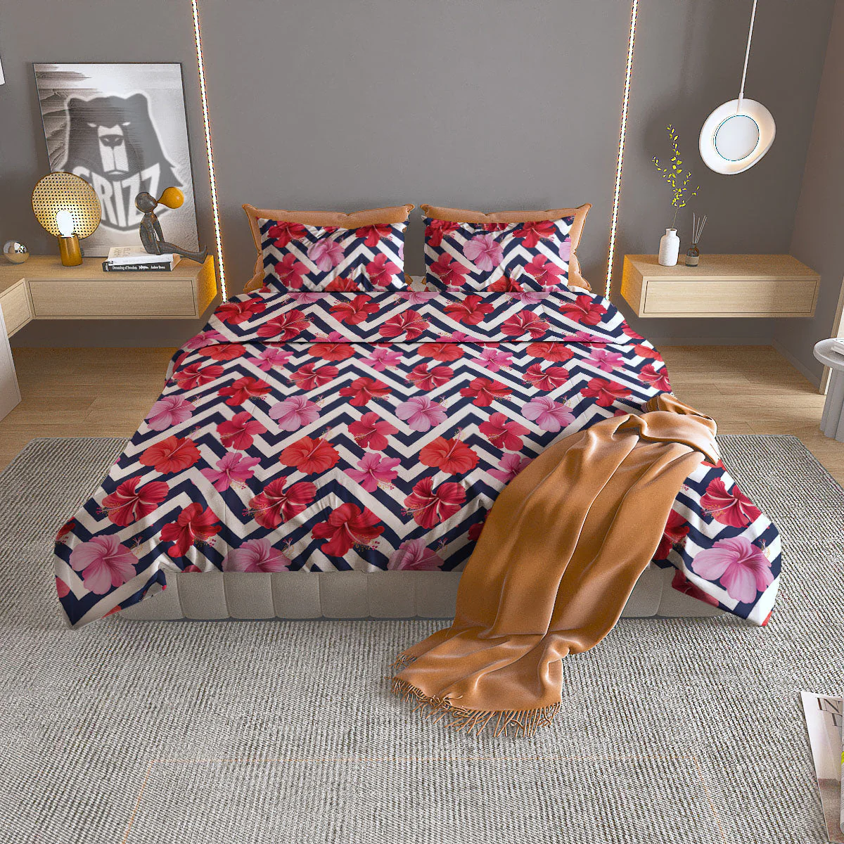 Hibiscus Zigzag Pink Print Pattern Duvet Cover Bedding Set