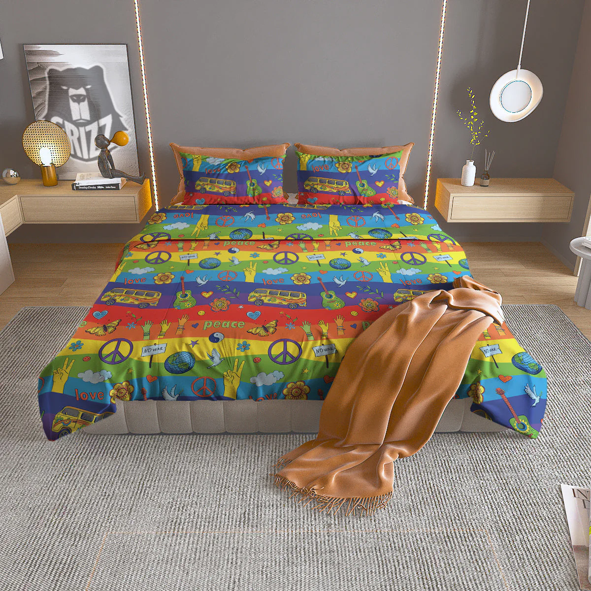 Hippie Drawing Psychedelic Wave Print Pattern Duvet Cover Bedding Set