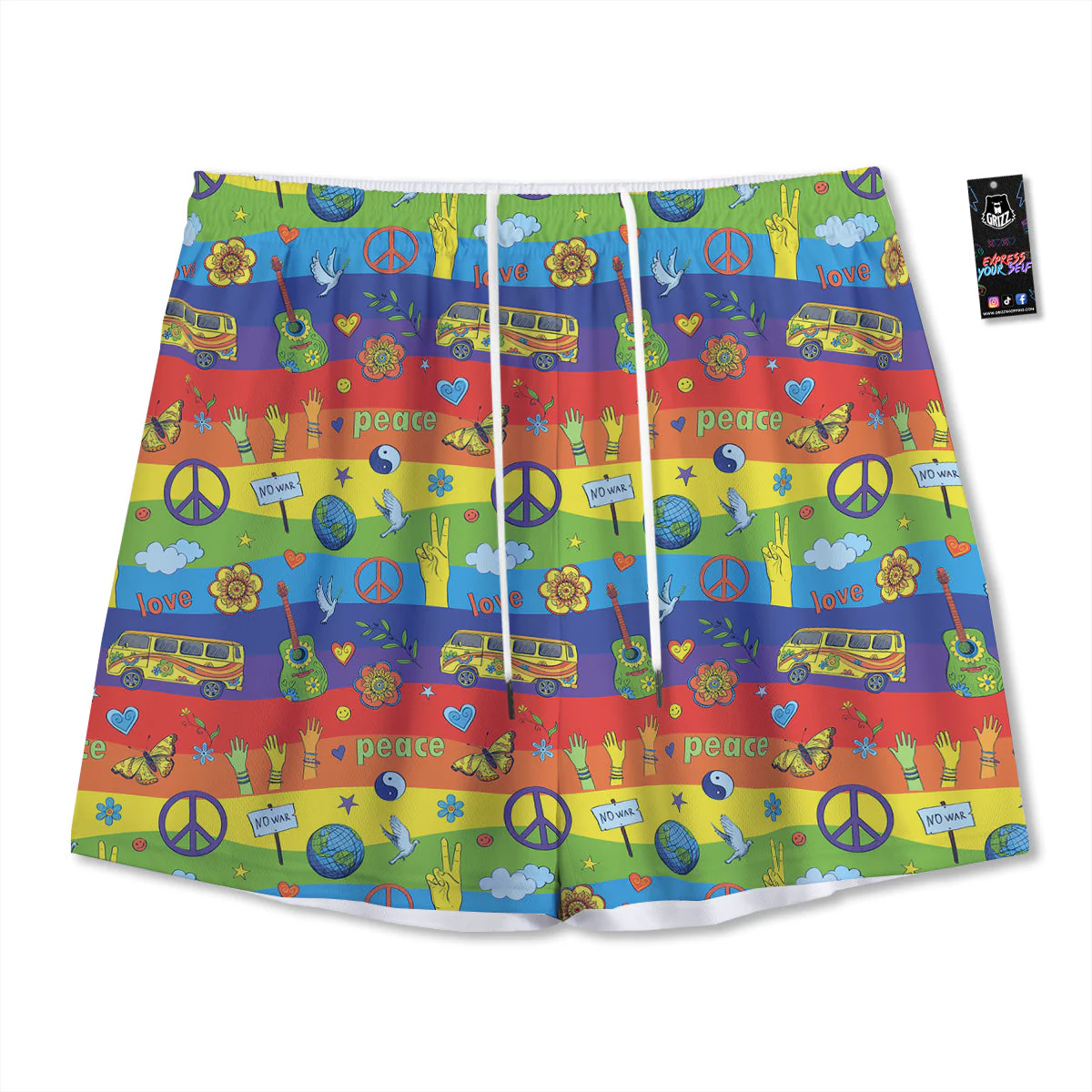 Hippie Drawing Psychedelic Wave Print Pattern Mesh Shorts