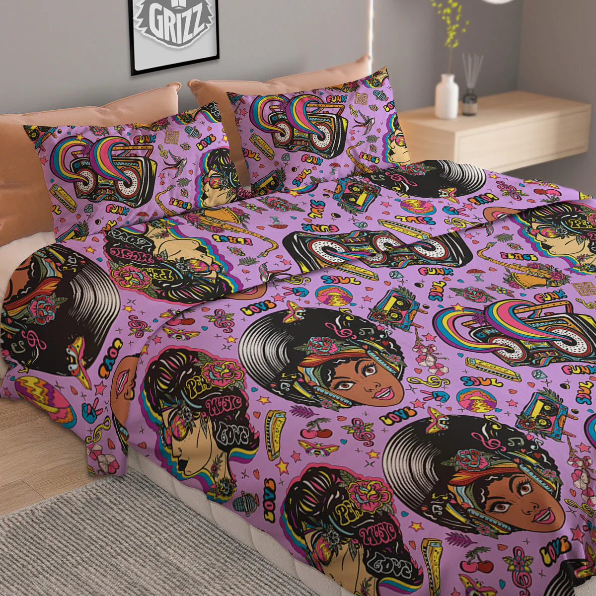 Hippie Retro Funky Women Print Pattern Duvet Cover Bedding Set - Image 2