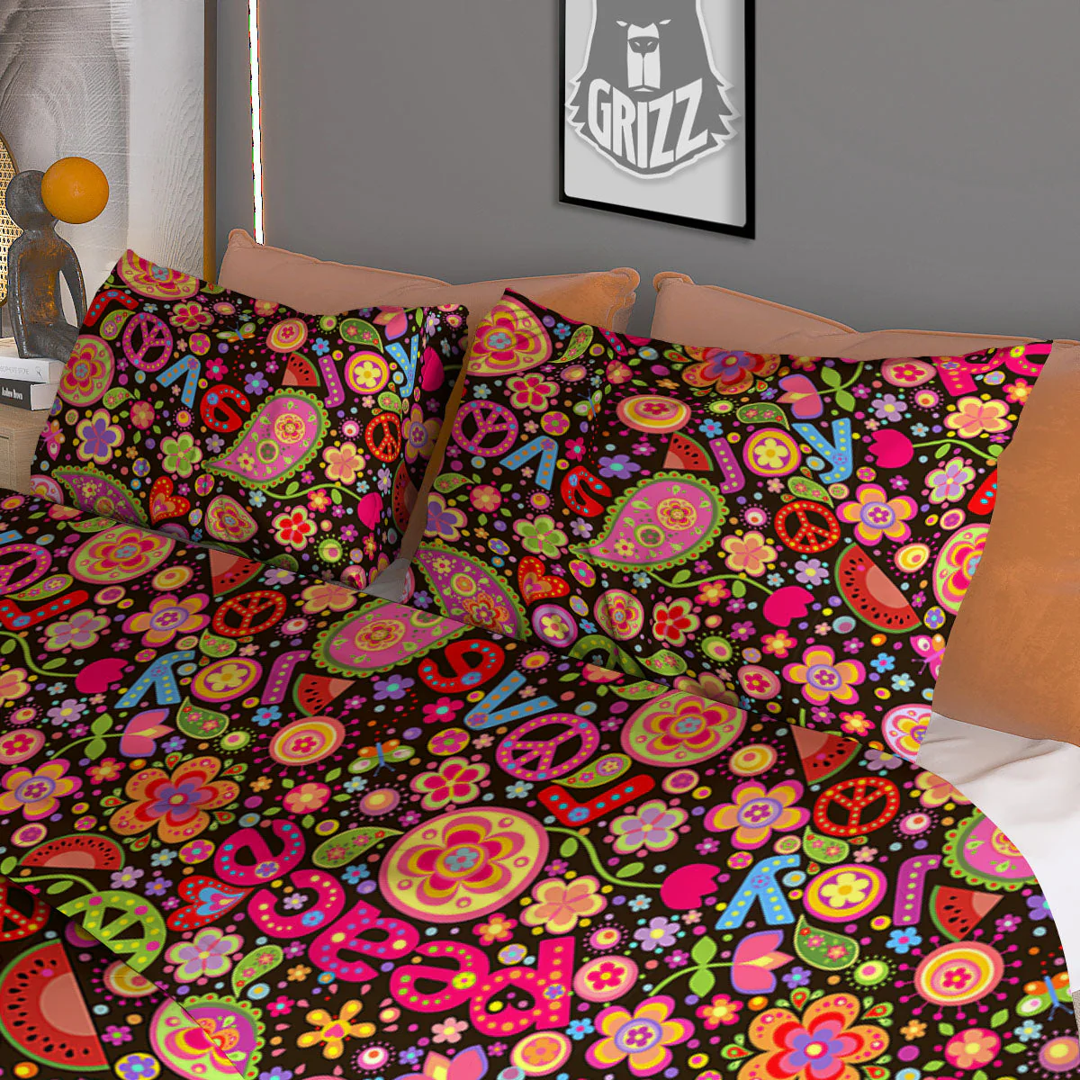 Hippie Sign Peace Flower Print Pattern Duvet Cover Bedding Set - Image 3