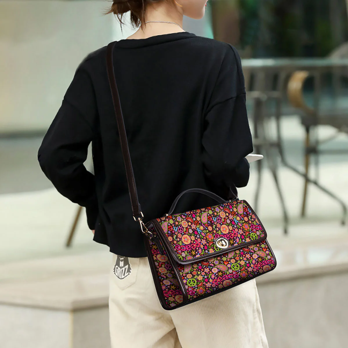 Hippie Sign Peace Flower Print Pattern Women's Satchel Bag - Image 3