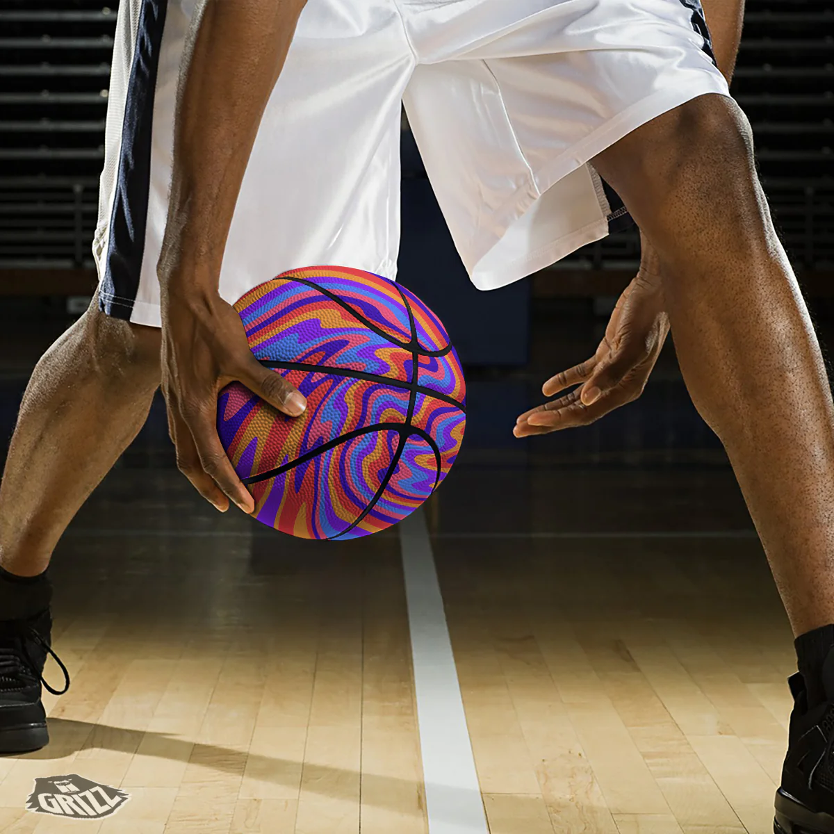 Hippie Trippy Acid Color Print Pattern Basketball - Image 3