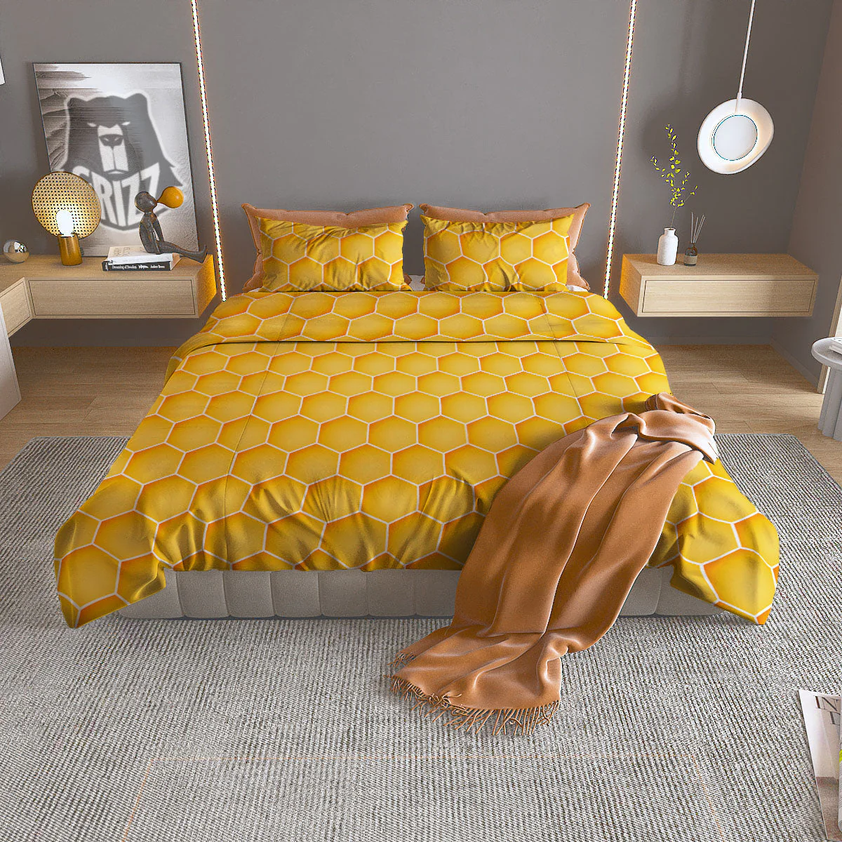 Hive Honey Bee Print Pattern Duvet Cover Bedding Set
