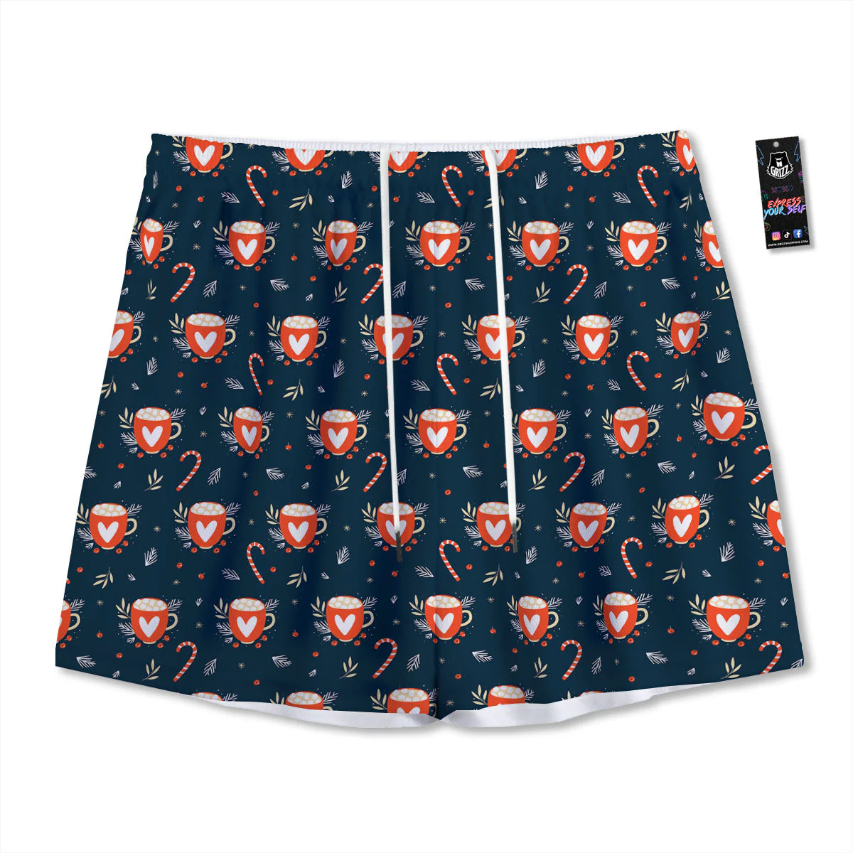 Holiday Christmas Cup Print Pattern Mesh Shorts
