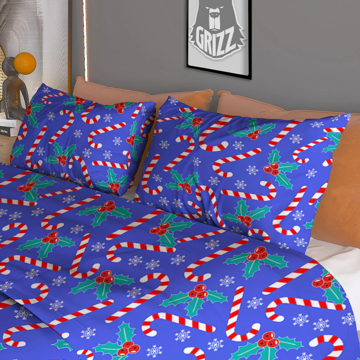 Holly Berry And Candy Cane Christmas Print Pattern Duvet Cover Bedding Set - Image 3
