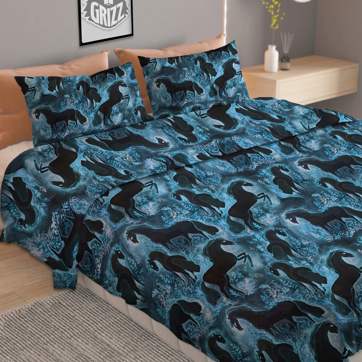 Horse Painting Dark Blue Print Duvet Cover Bedding Set - Image 2