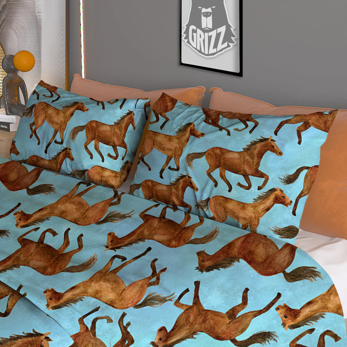 Horse Watercolor Print Pattern Duvet Cover Bedding Set - Image 3