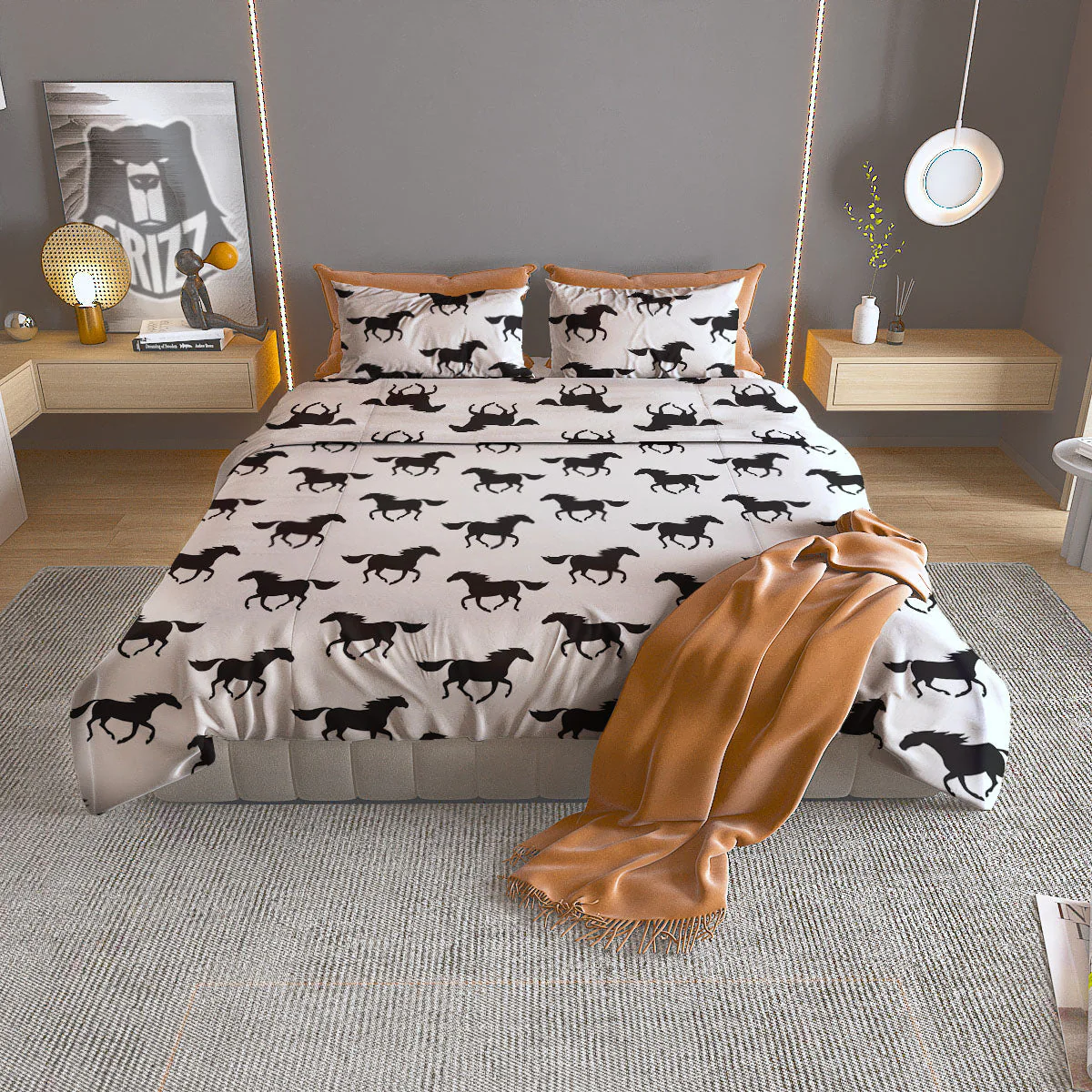 Horse White And Black Print Pattern Duvet Cover Bedding Set