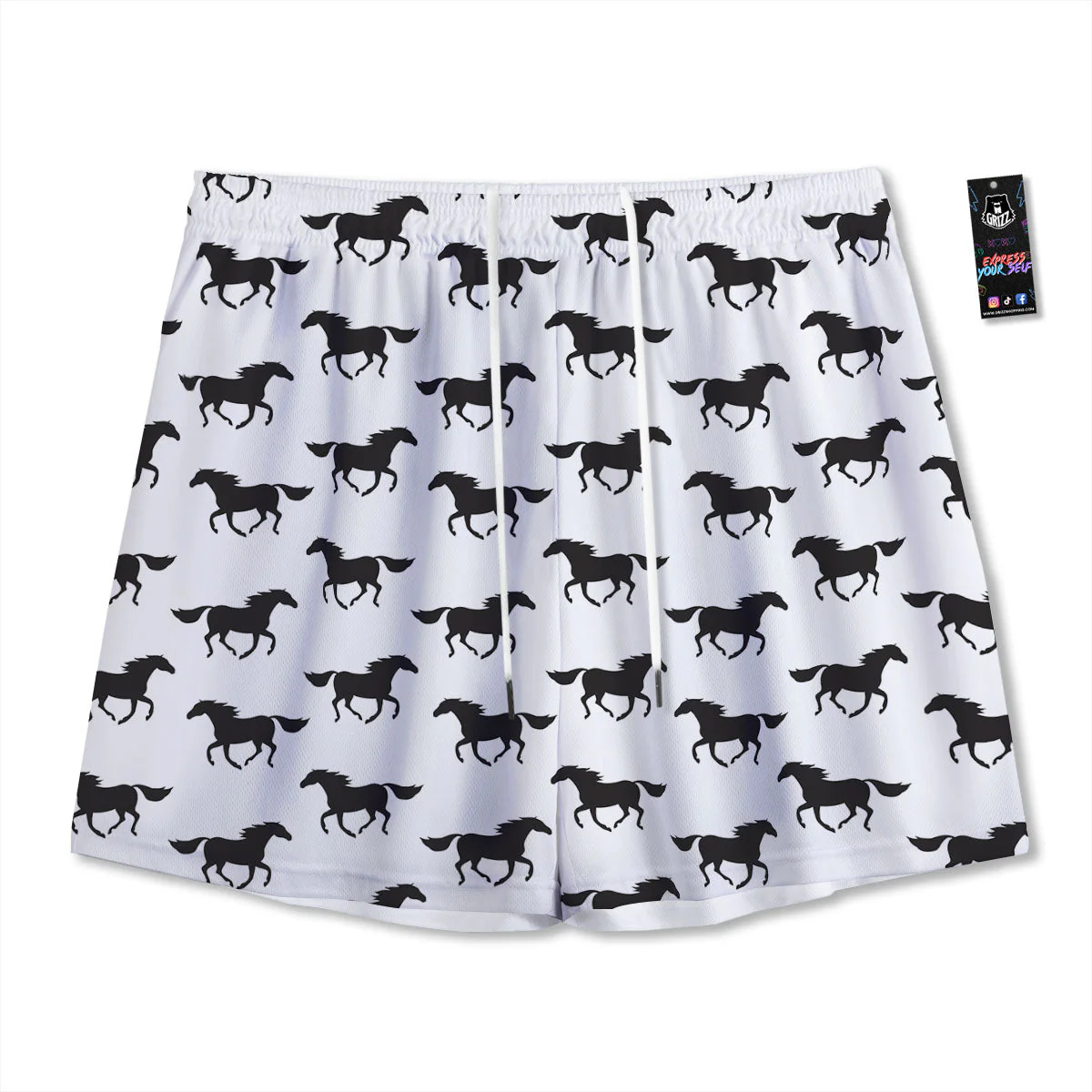Horse White And Black Print Pattern Mesh Shorts
