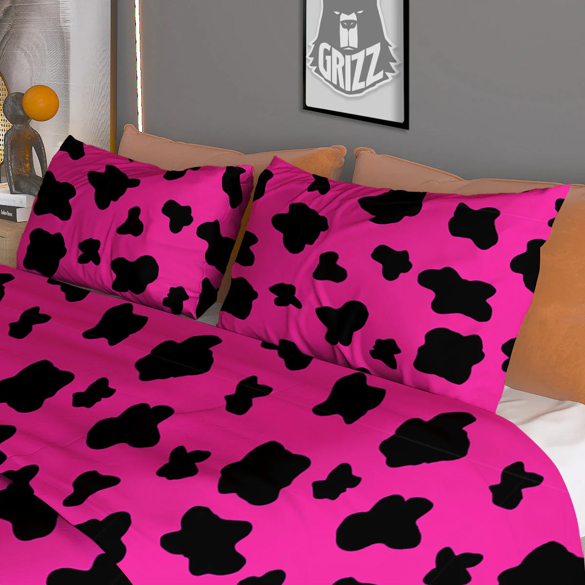 Hot Pink And Black Cow Print Duvet Cover Bedding Set - Image 3