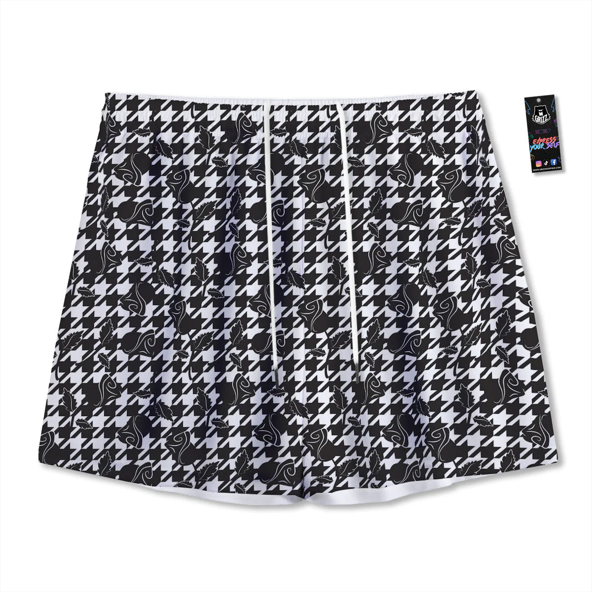 Houndstooth And Black Rose Print Pattern Mesh Shorts