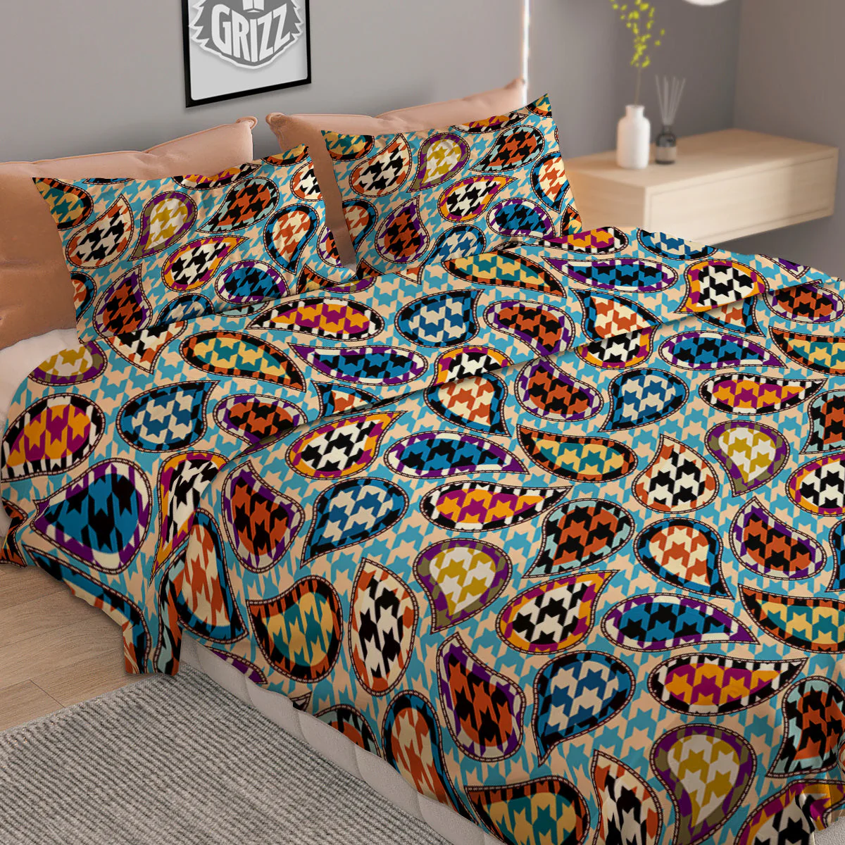 Houndstooth And Paisley Print Pattern Duvet Cover Bedding Set - Image 2