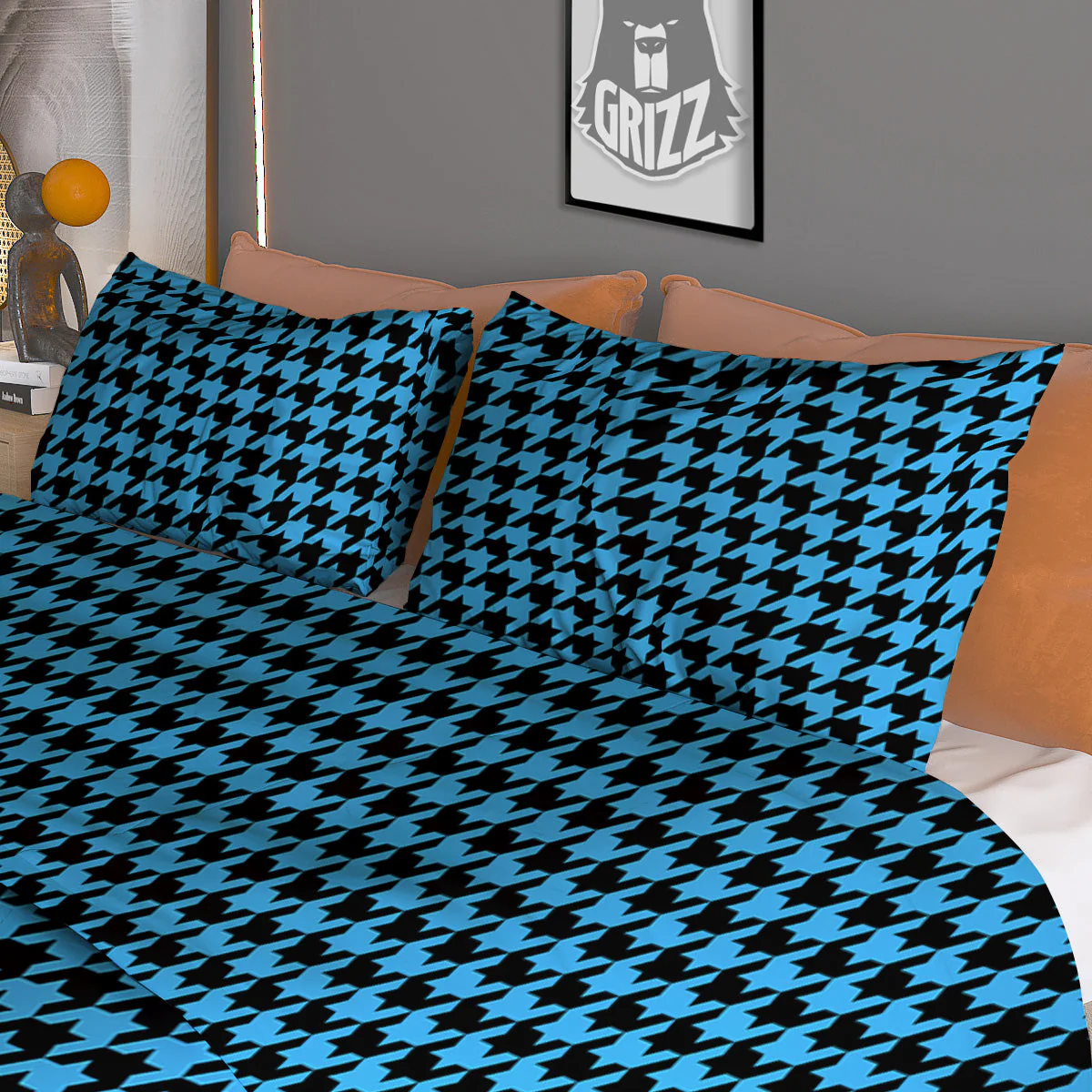 Houndstooth Black And Blue Print Duvet Cover Bedding Set - Image 3