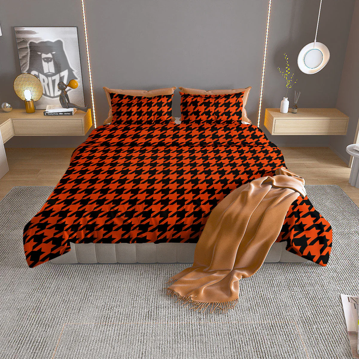 Houndstooth Black And Orange Print Duvet Cover Bedding Set
