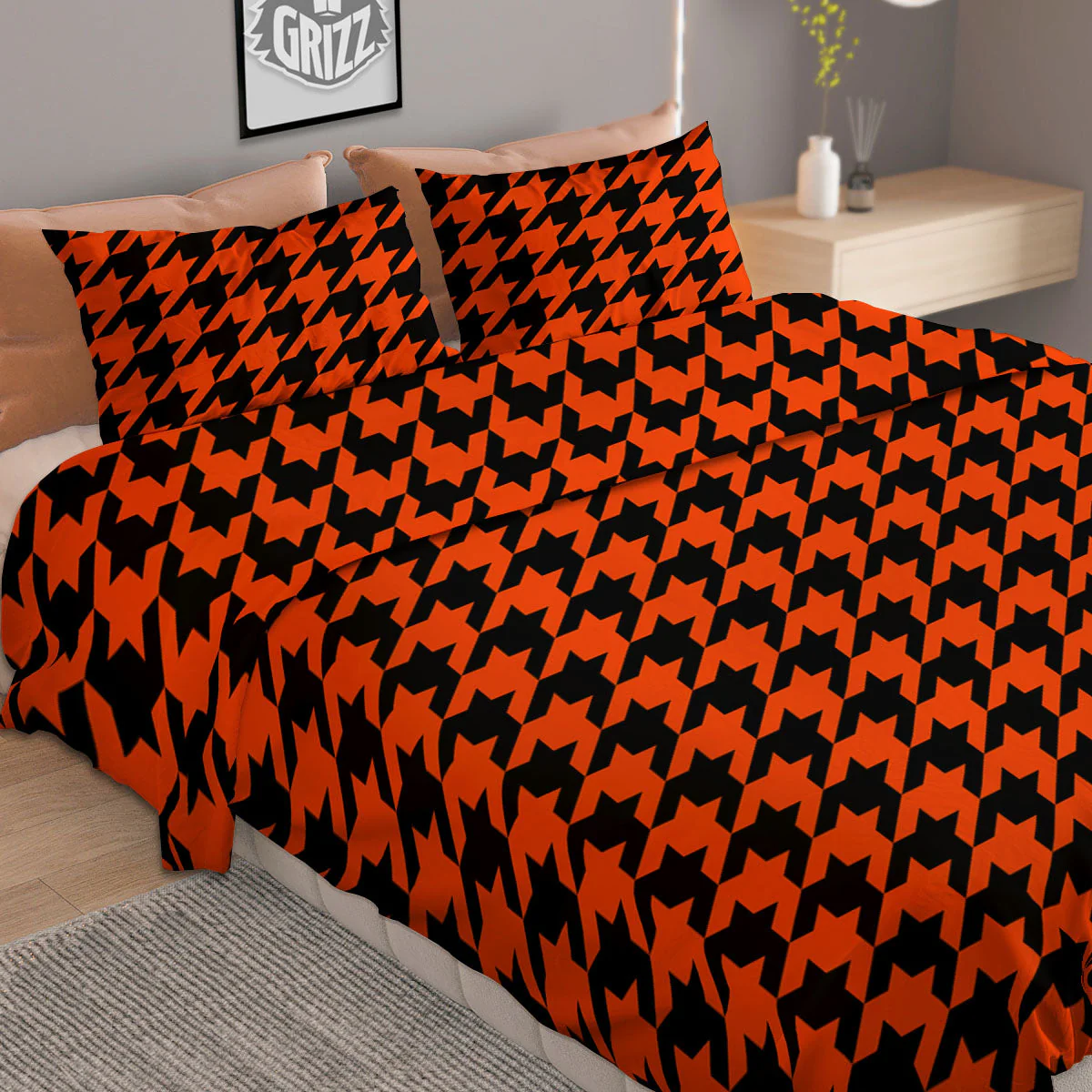 Houndstooth Black And Orange Print Duvet Cover Bedding Set - Image 2