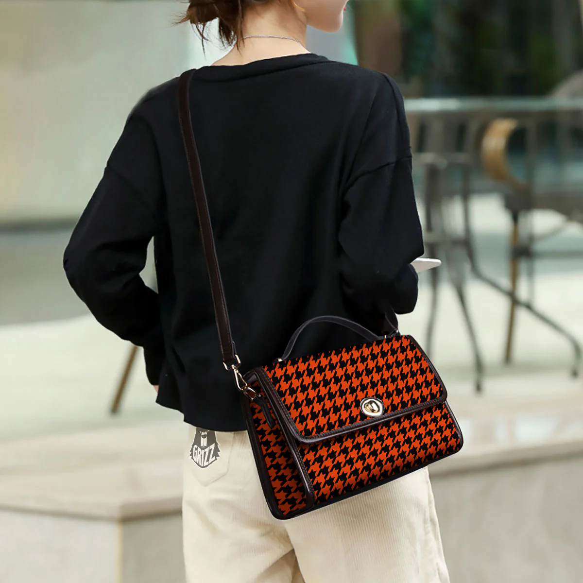 Houndstooth Black And Orange Print Women's Satchel Bag - Image 3