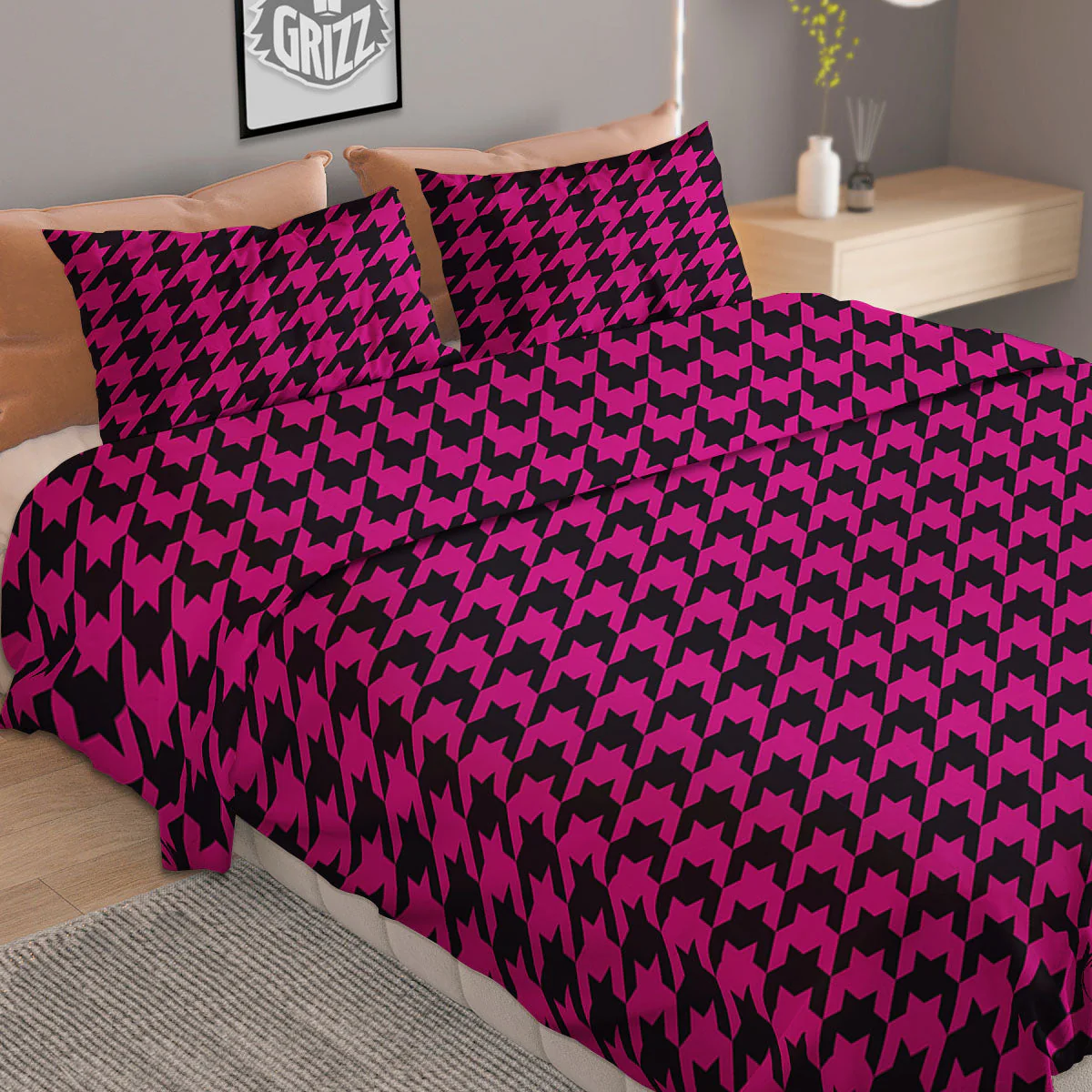 Houndstooth Black And Pink Magenta Print Duvet Cover Bedding Set - Image 2