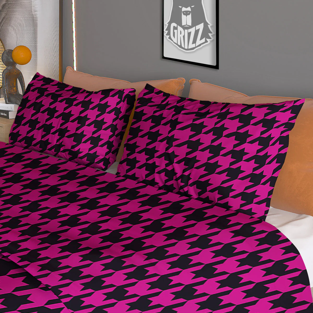 Houndstooth Black And Pink Magenta Print Duvet Cover Bedding Set - Image 3
