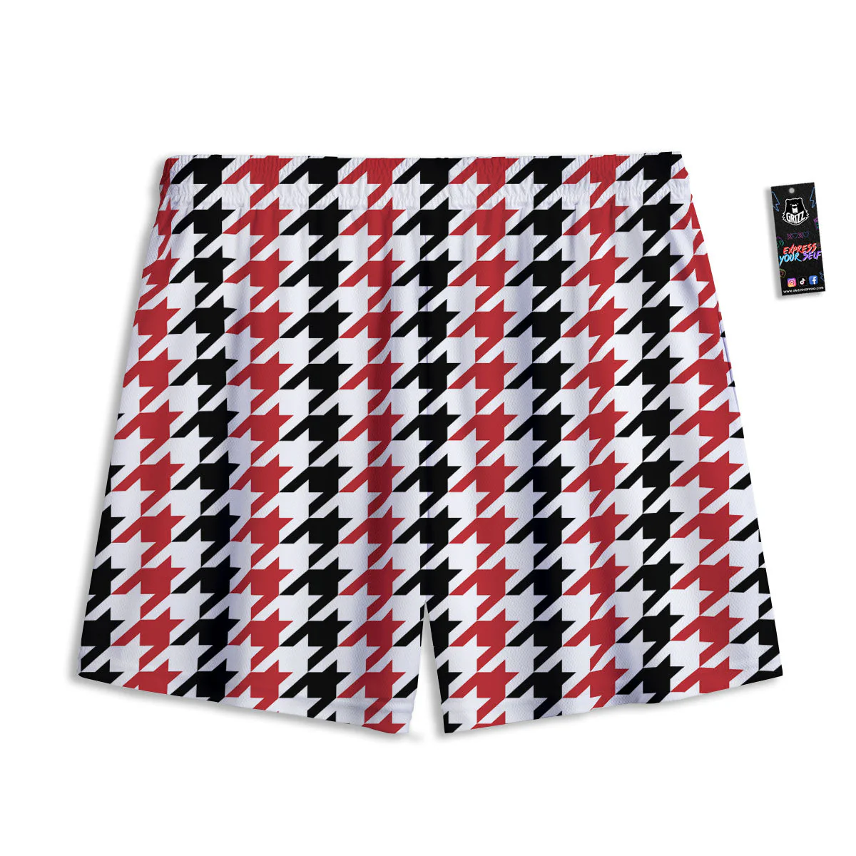 Houndstooth Black And Red Print Pattern Mesh Shorts - Image 2