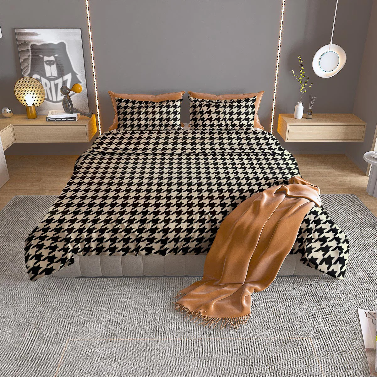 Houndstooth Black And Tan Print Pattern Duvet Cover Bedding Set