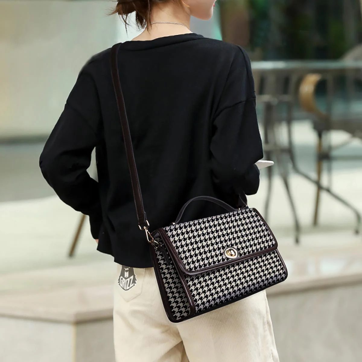 Houndstooth Black And Tan Print Pattern Women's Satchel Bag - Image 3