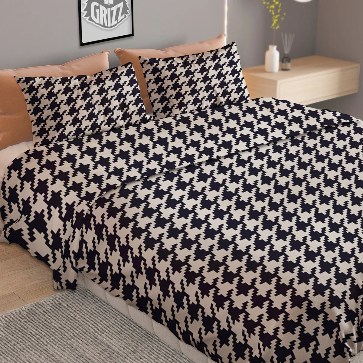 Houndstooth Black Pixel Print Pattern Duvet Cover Bedding Set - Image 2