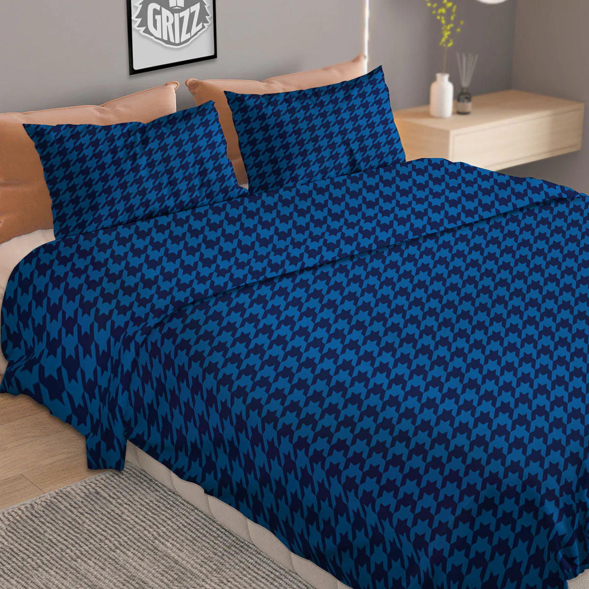 Houndstooth Blue Print Pattern Duvet Cover Bedding Set - Image 2