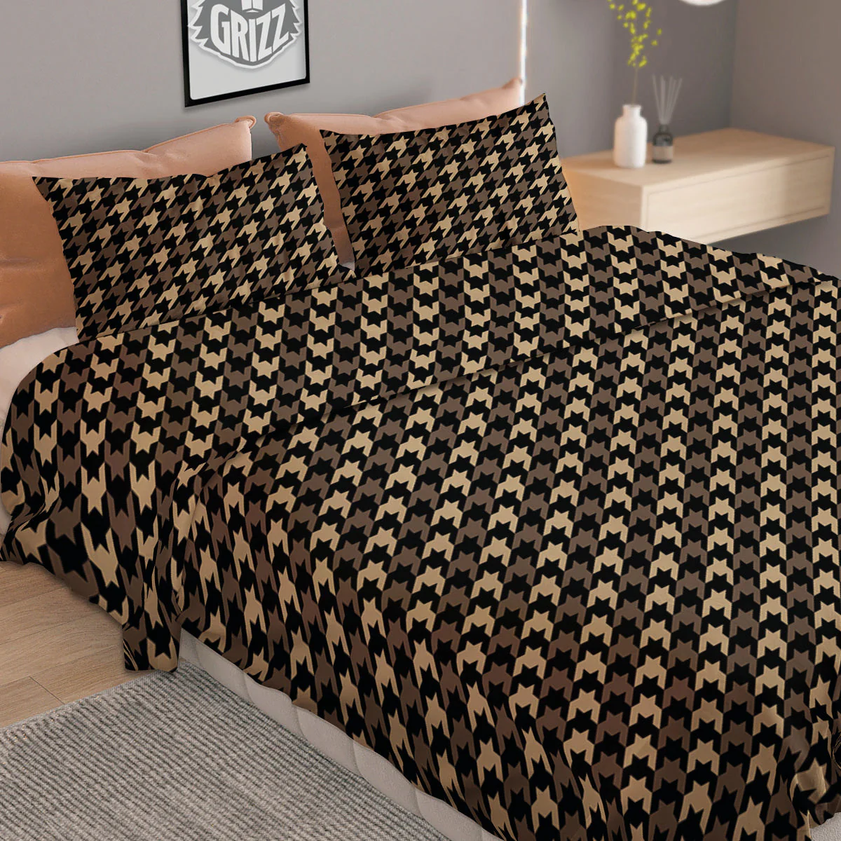 Houndstooth Brown Print Pattern Duvet Cover Bedding Set - Image 2