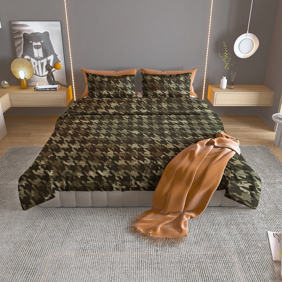 Houndstooth Camouflage Green Print Pattern Duvet Cover Bedding Set
