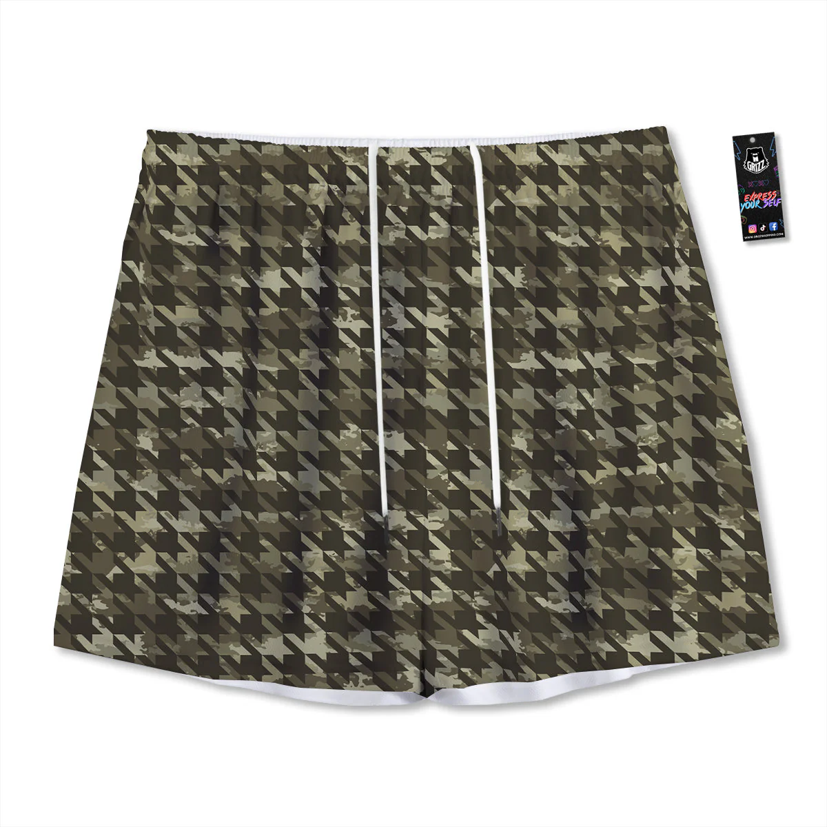 Houndstooth Camouflage Green Print Pattern Mesh Shorts