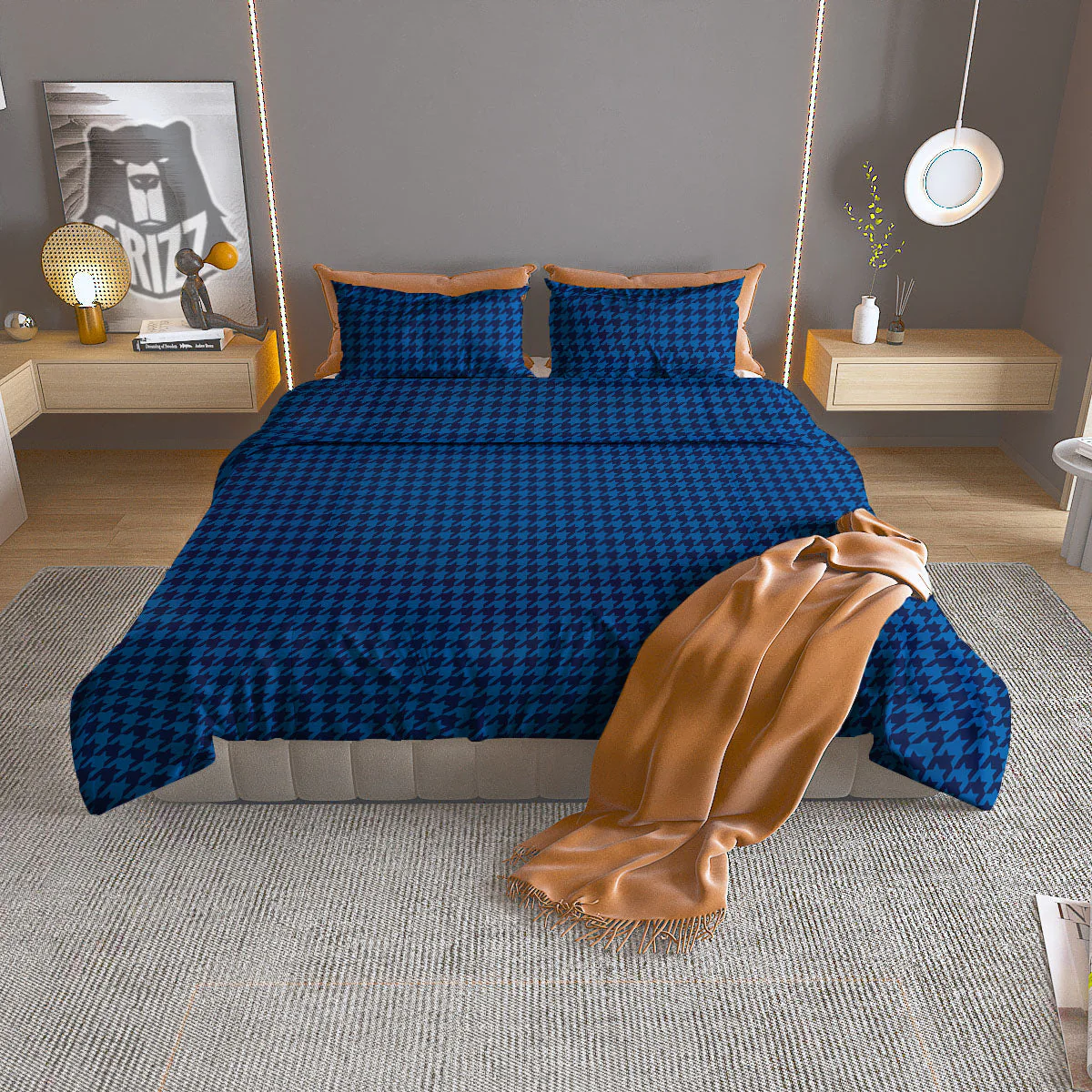 Houndstooth Deep Blue Print Pattern Duvet Cover Bedding Set