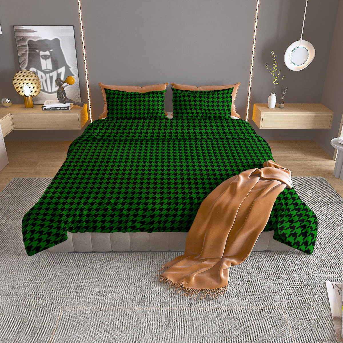 Houndstooth Deep Green Print Pattern Duvet Cover Bedding Set
