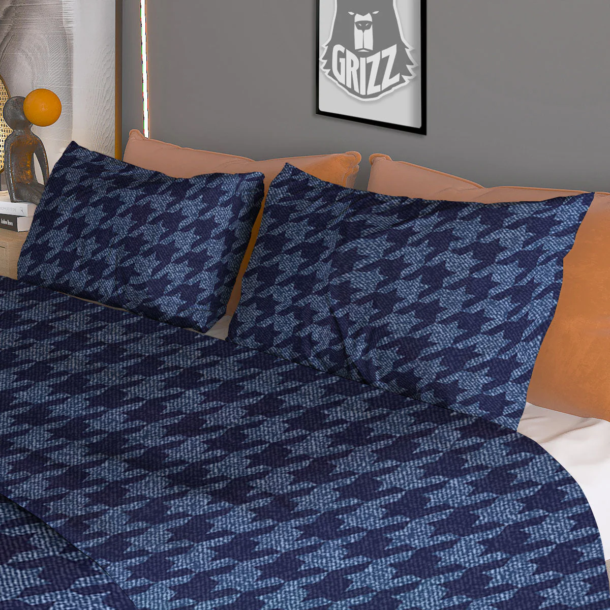 Houndstooth Denim Print Pattern Duvet Cover Bedding Set - Image 3