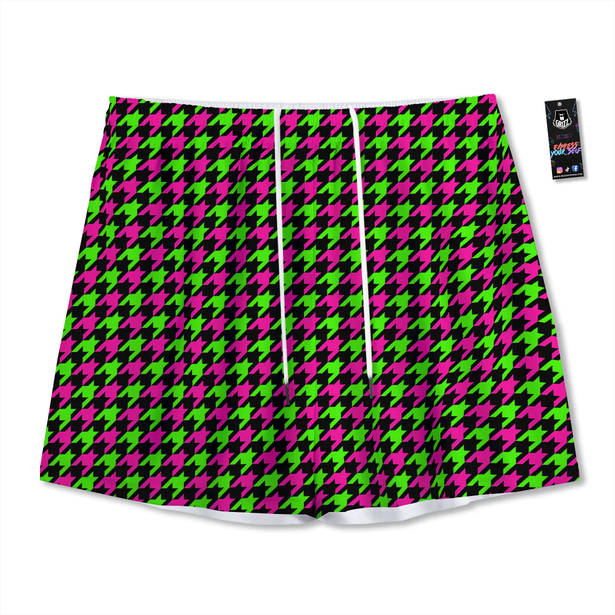 Houndstooth Green And Pink Print Pattern Mesh Shorts