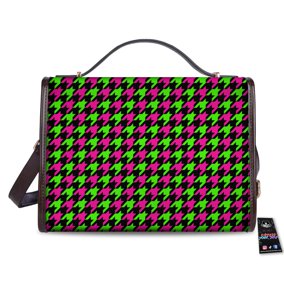 Houndstooth Green And Pink Print Pattern Women's Satchel Bag - Image 2