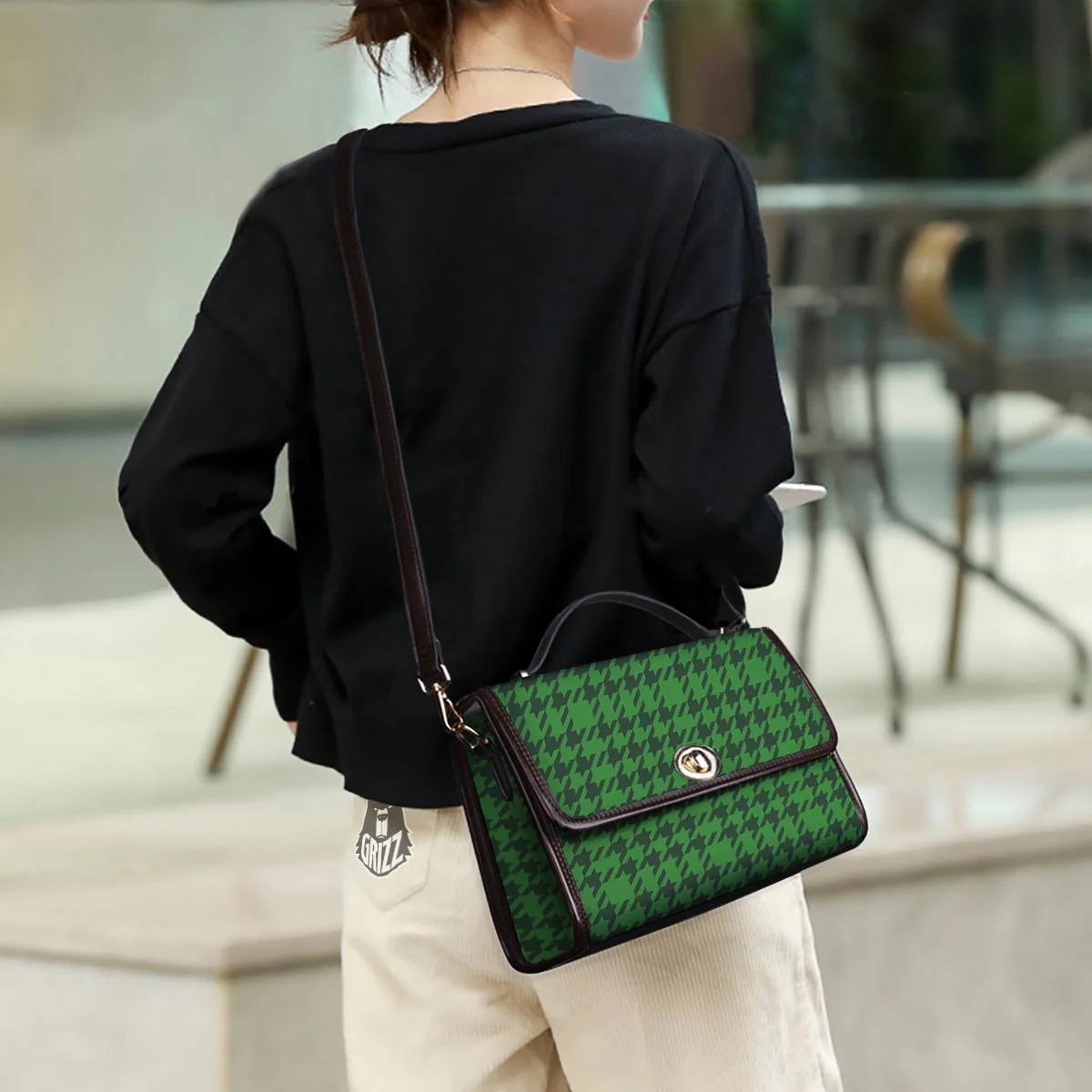 Houndstooth green Trippy Print Pattern Women's Satchel Bag - Image 3