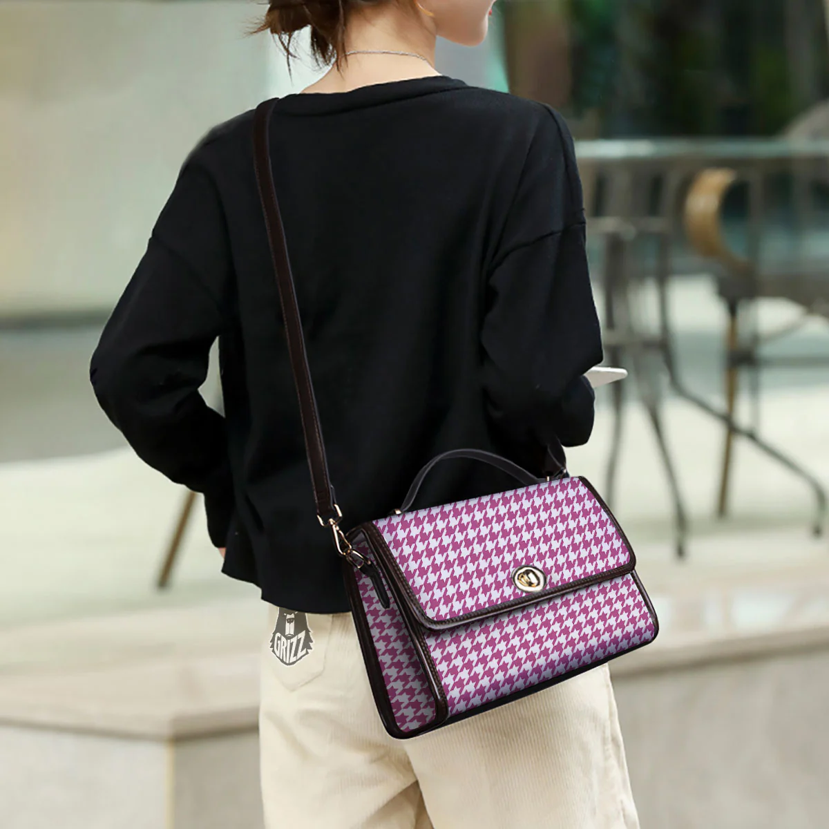 Houndstooth Pink Print Pattern Women's Satchel Bag - Image 3