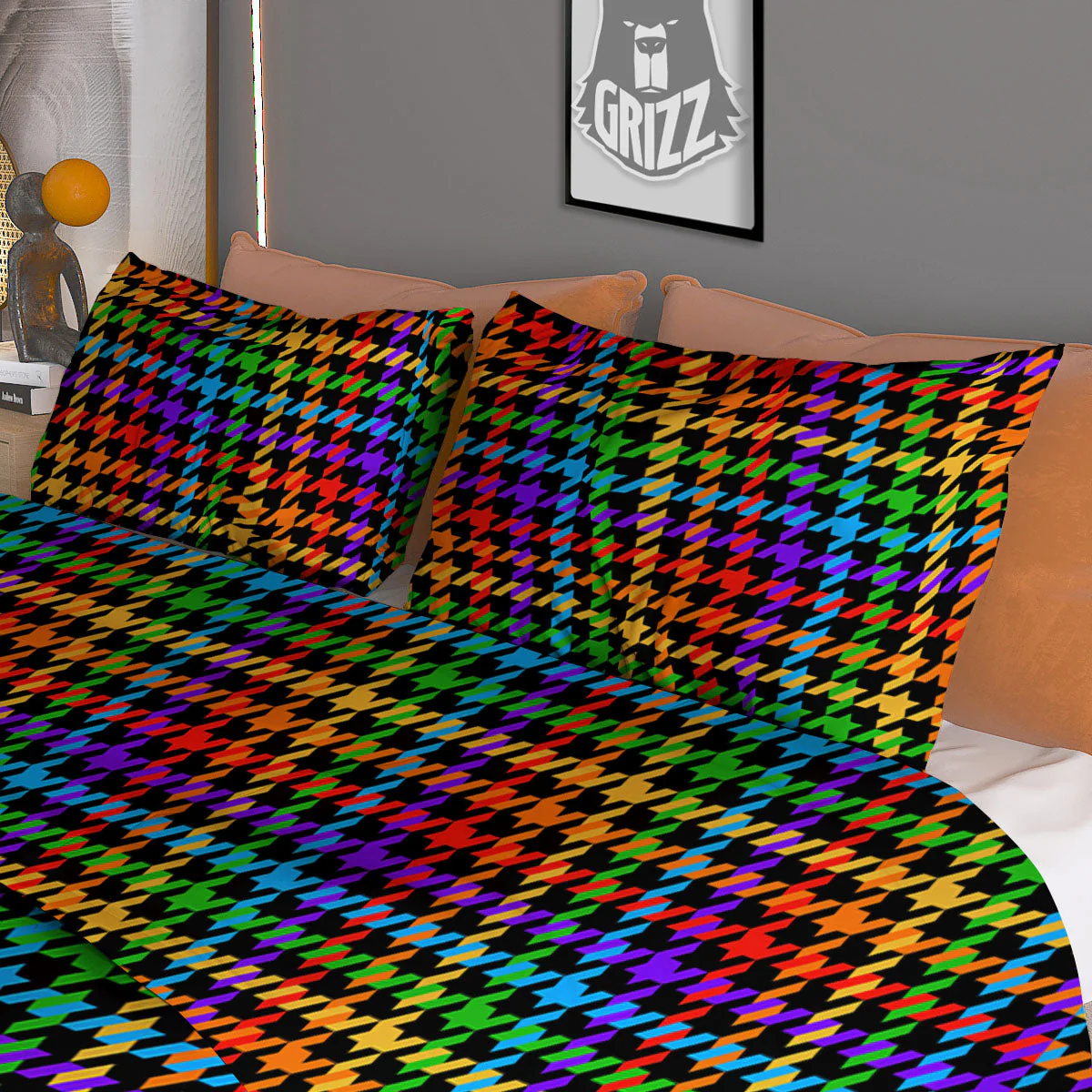 Houndstooth Rainbow Print Pattern Duvet Cover Bedding Set - Image 3